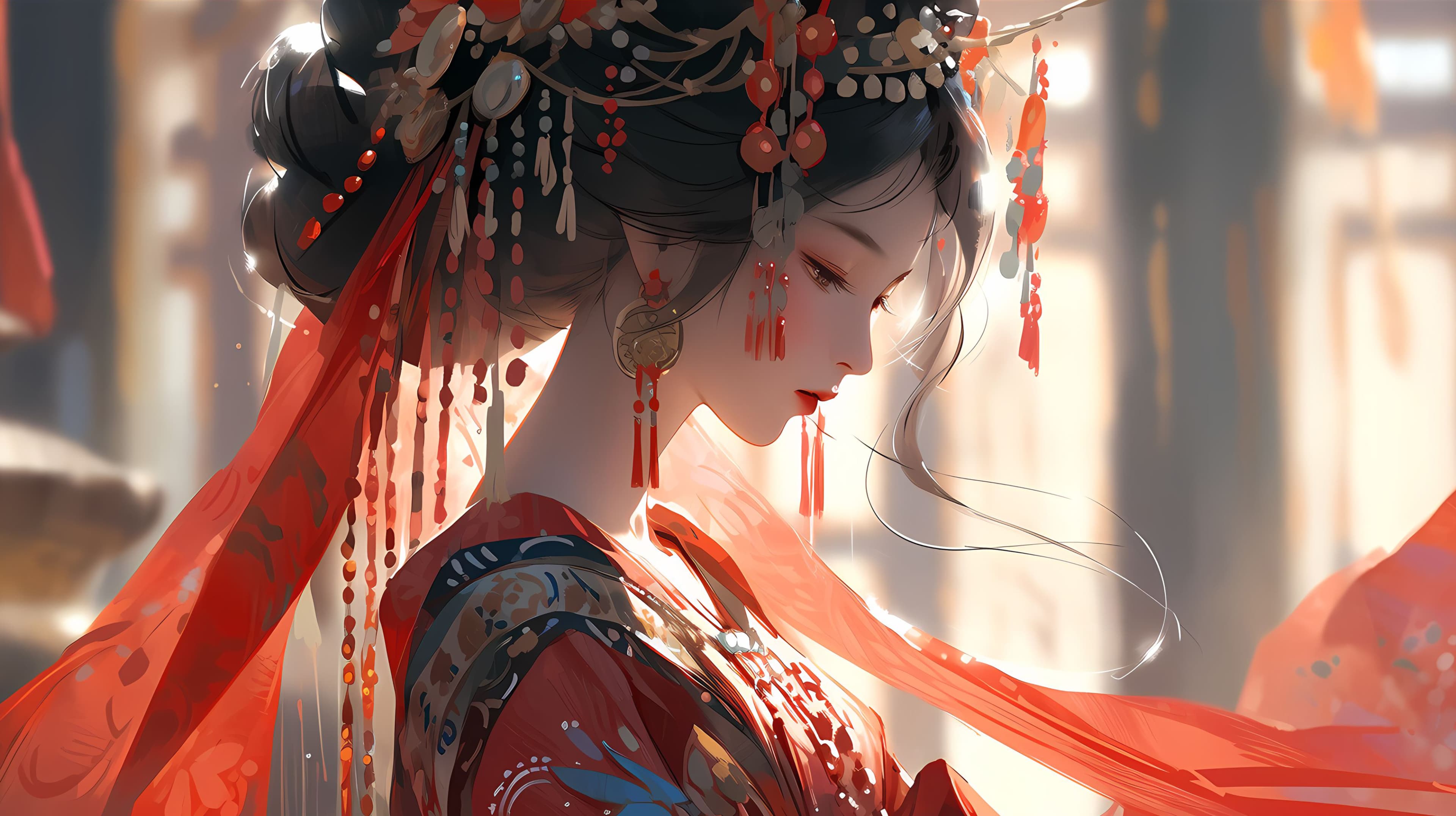 4K Guofeng manga female wallpaper, peaceful art