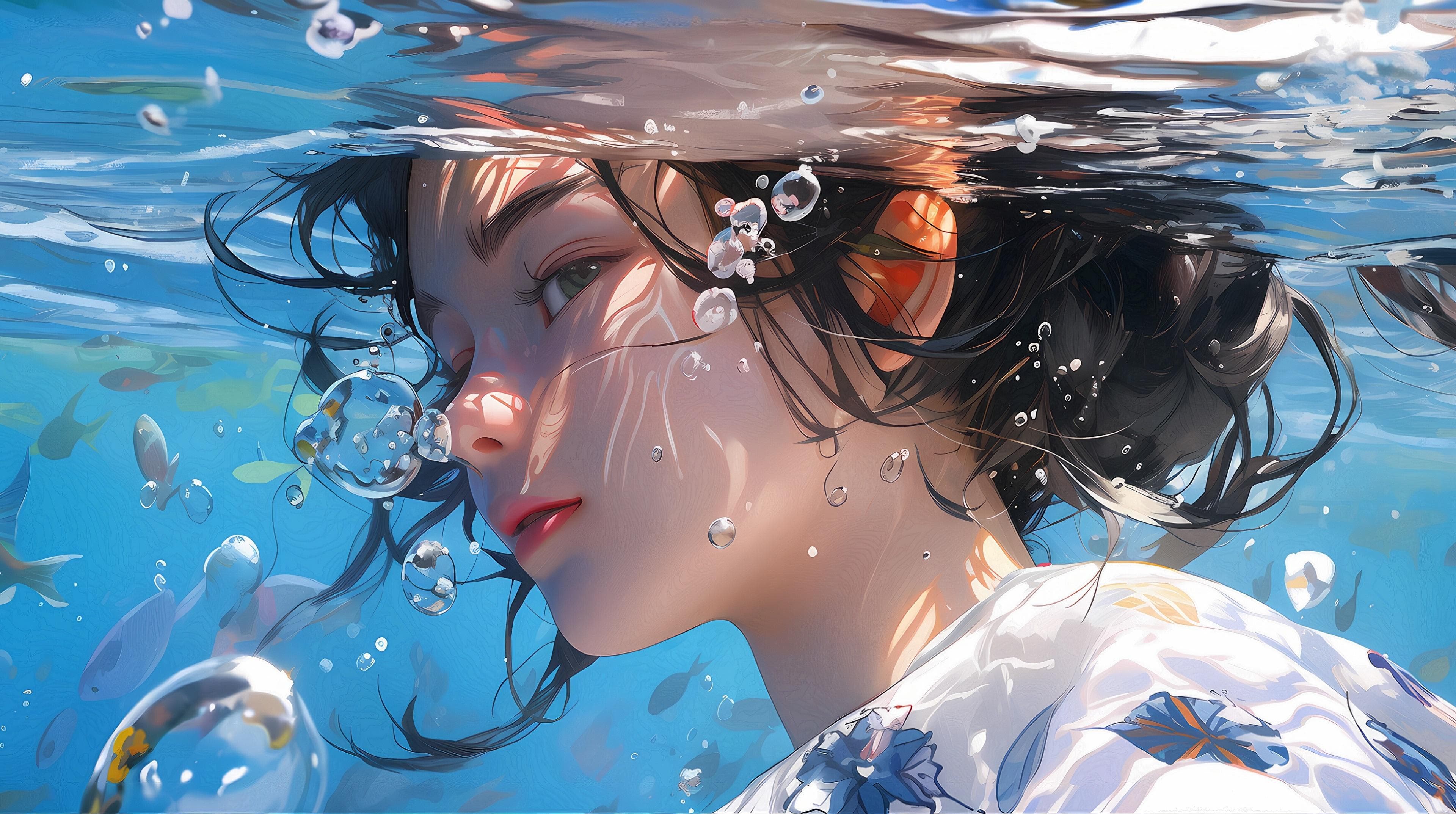 Underwater water flow traditional manga wallpaper