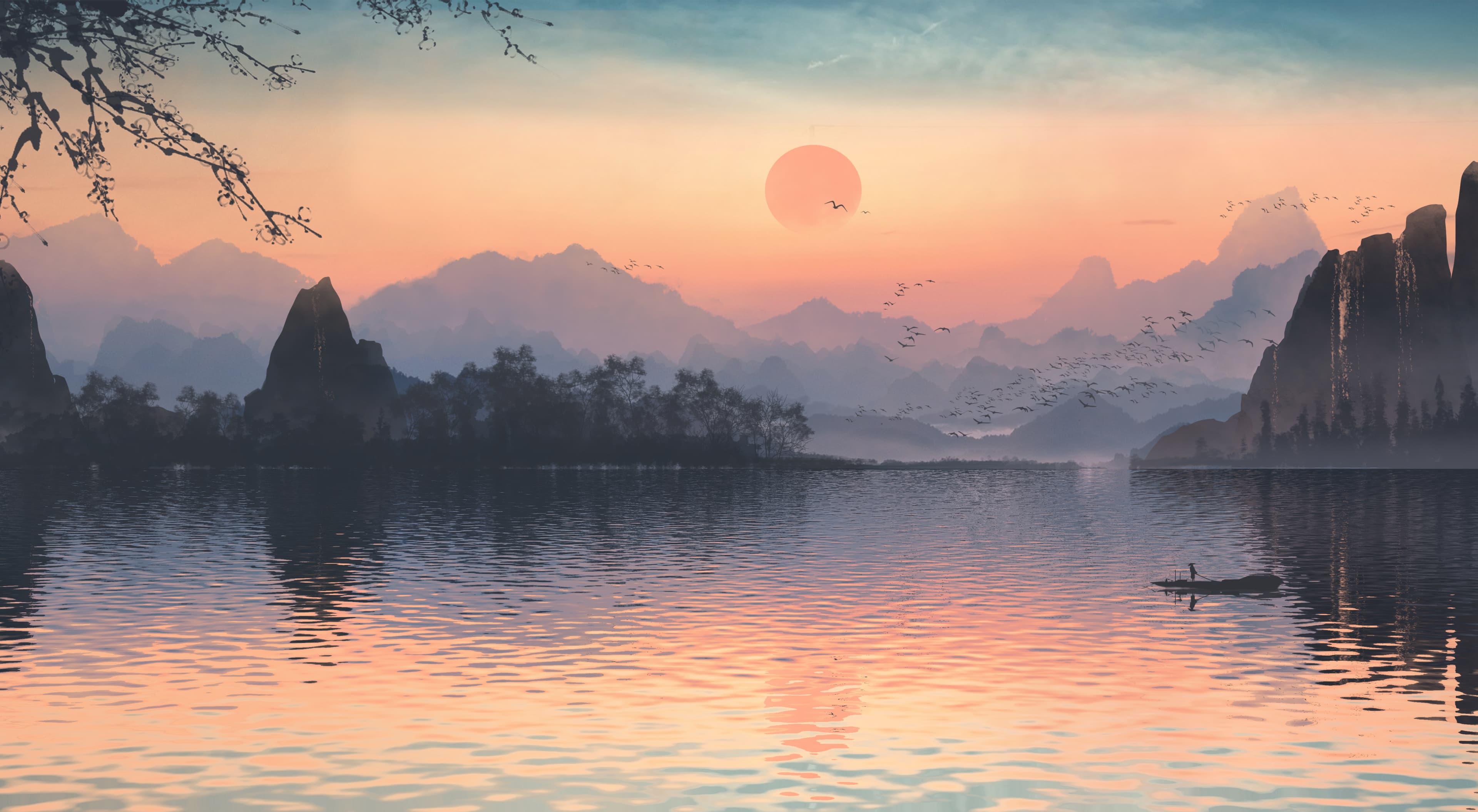 Peaceful sunrise nature landscape wallpaper