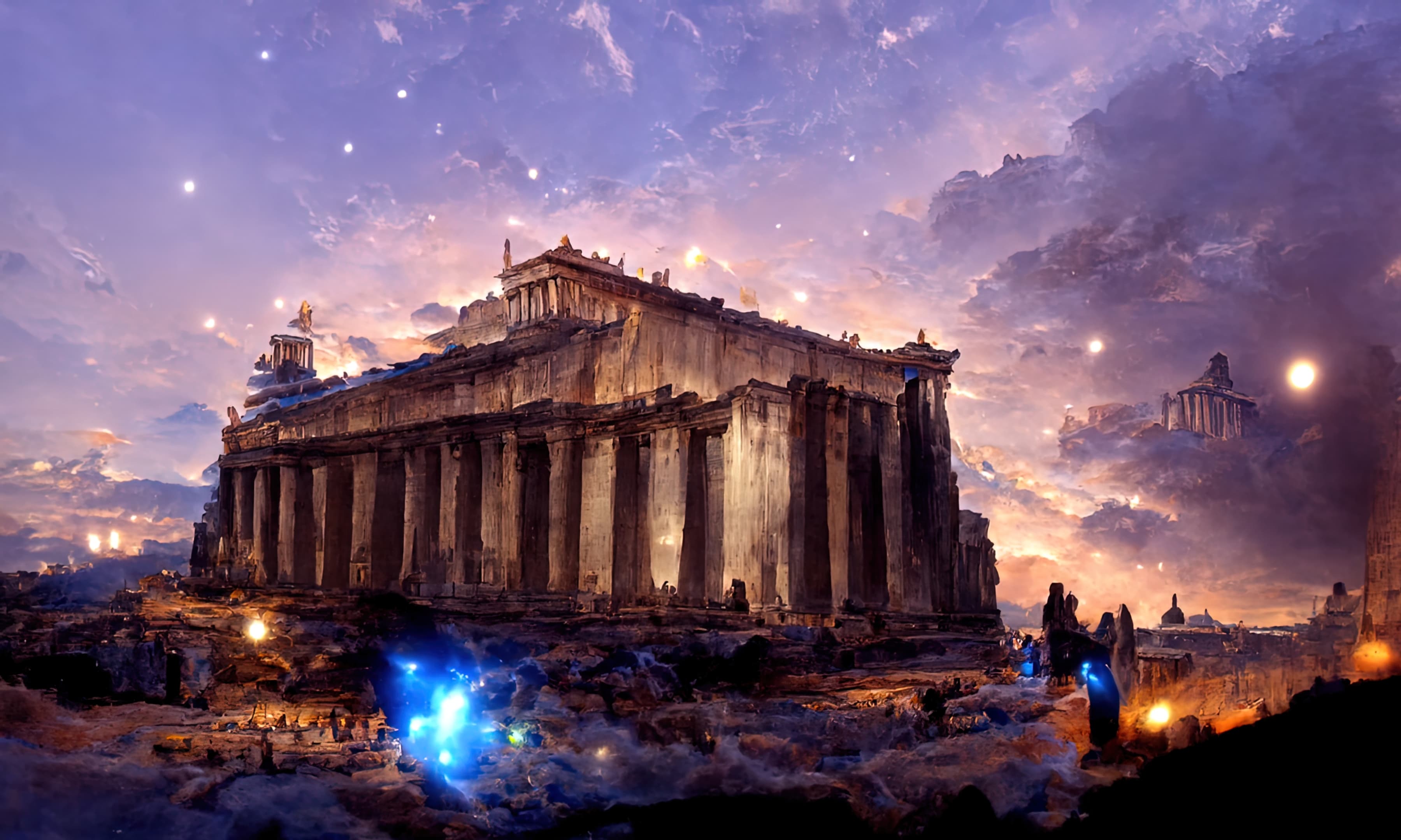 Classical building with starry night sky wallpaper