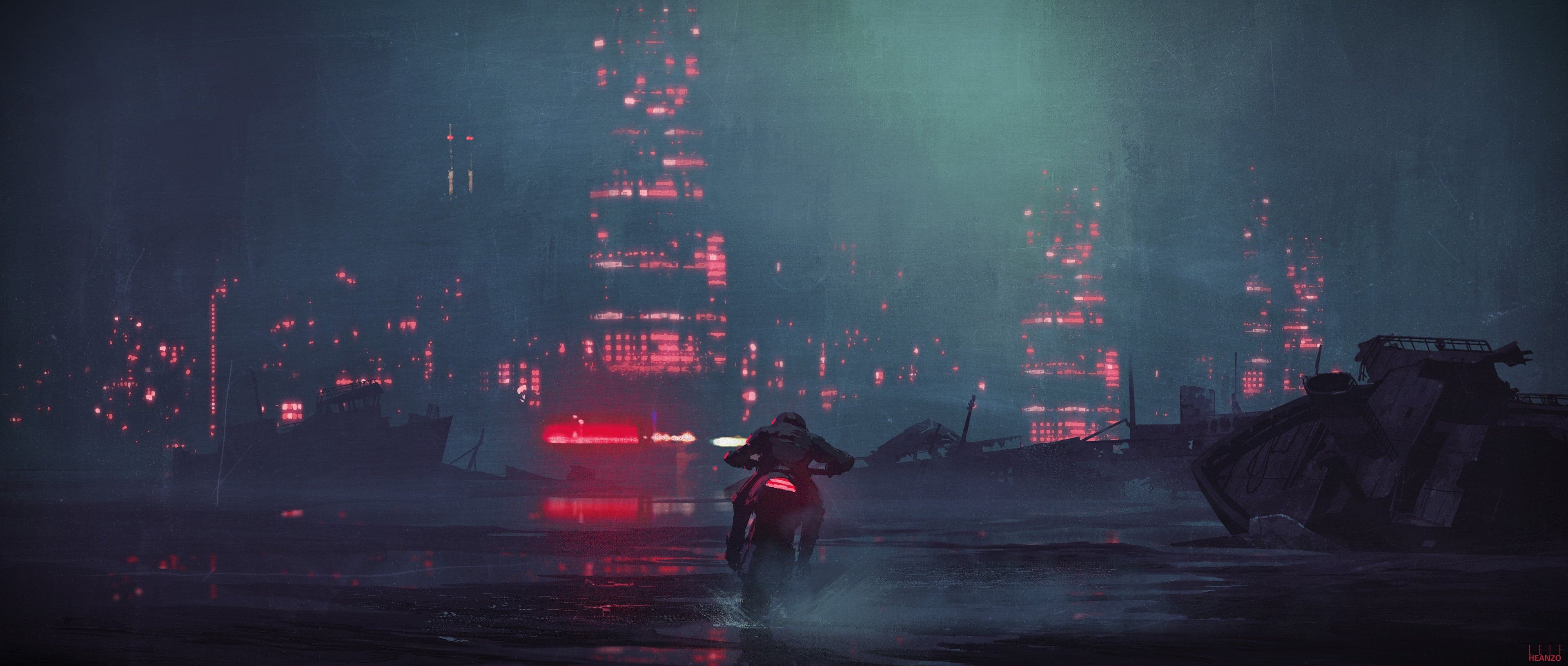 Cyberpunk neon city wallpaper, 3840x1632 resolution