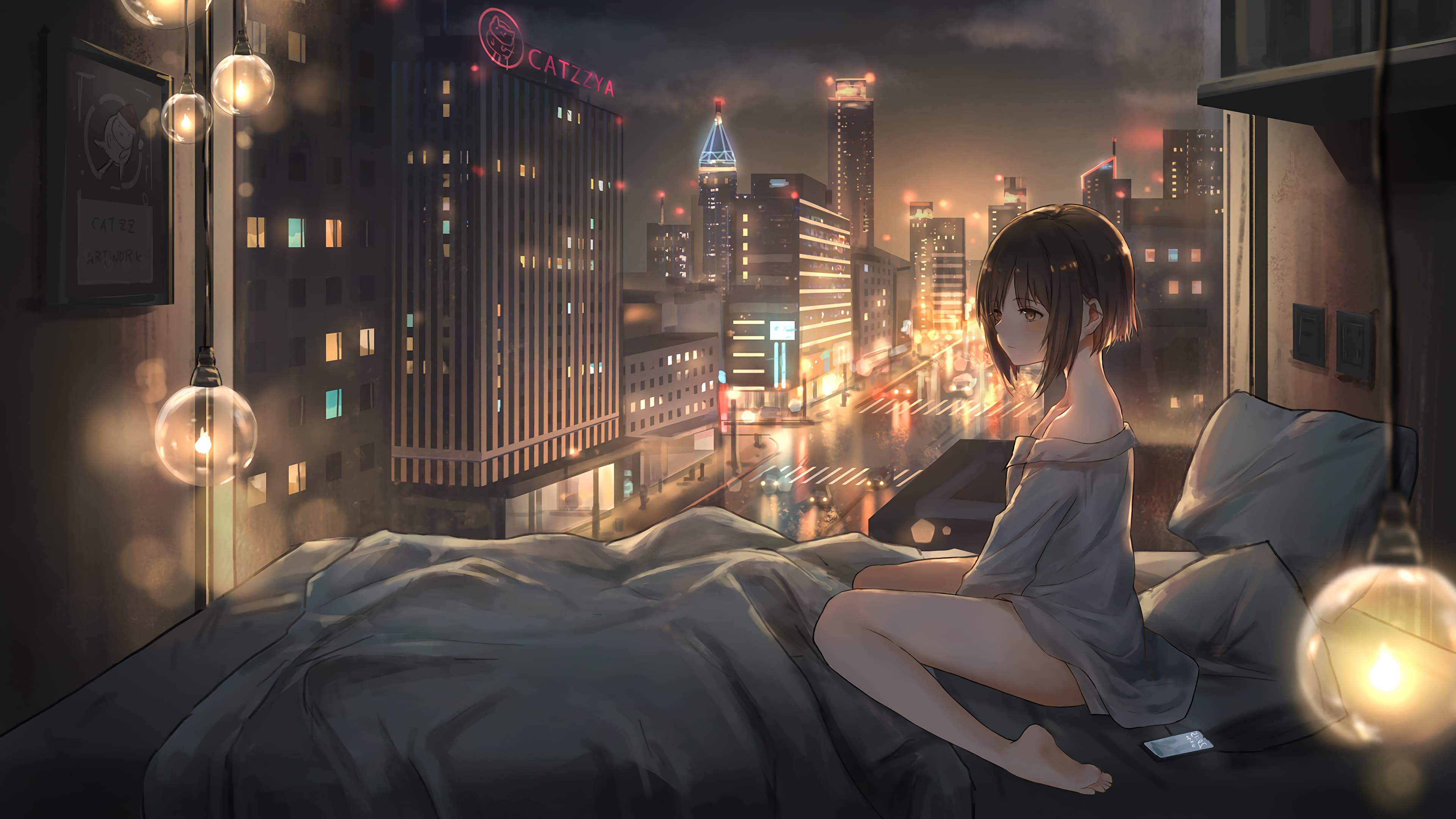 Melancholy anime girl city night wallpaper