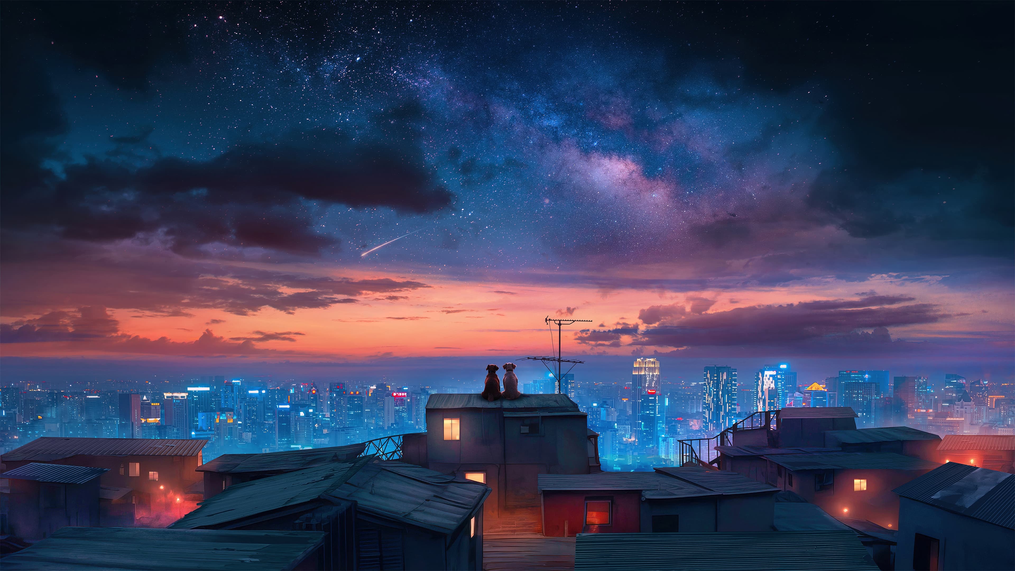 Night sky, city skyline cyberpunk wallpaper