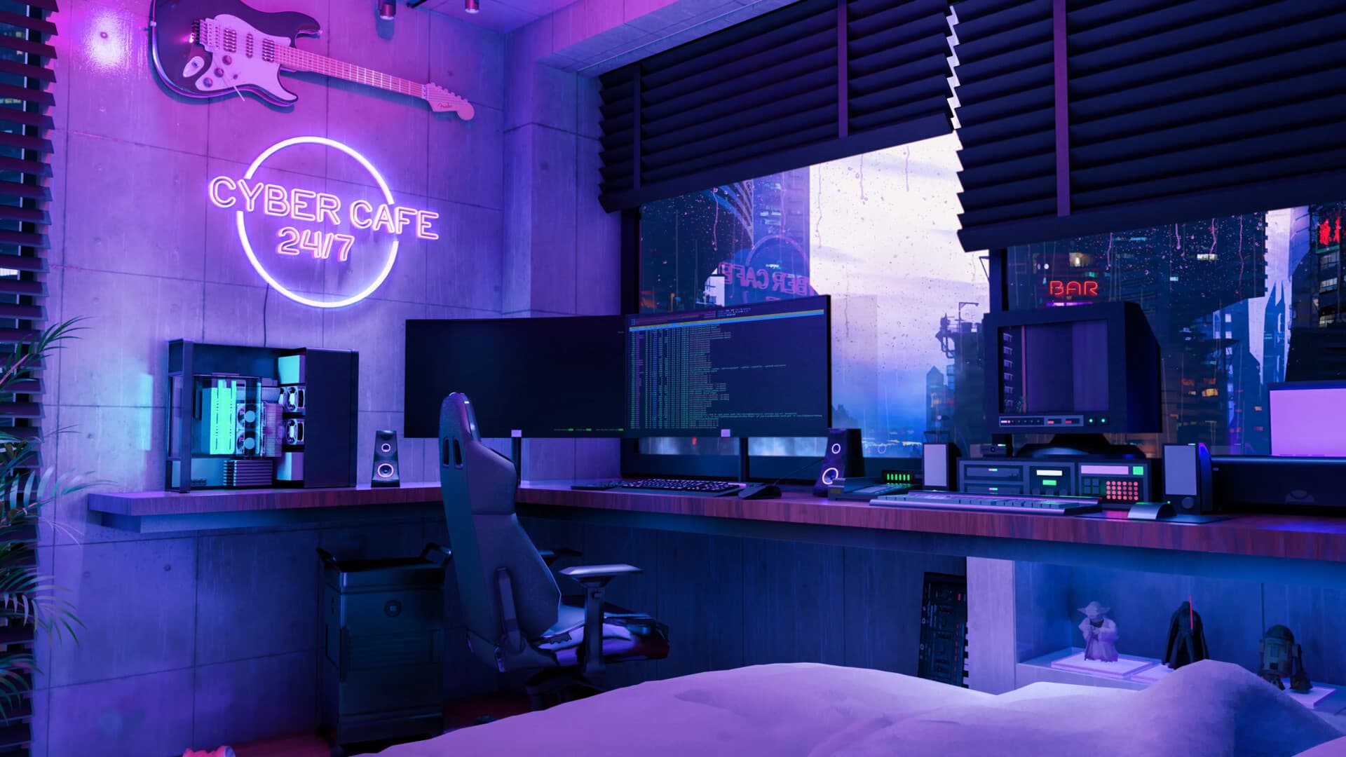 Purple cyberpunk vaporwave room wallpaper