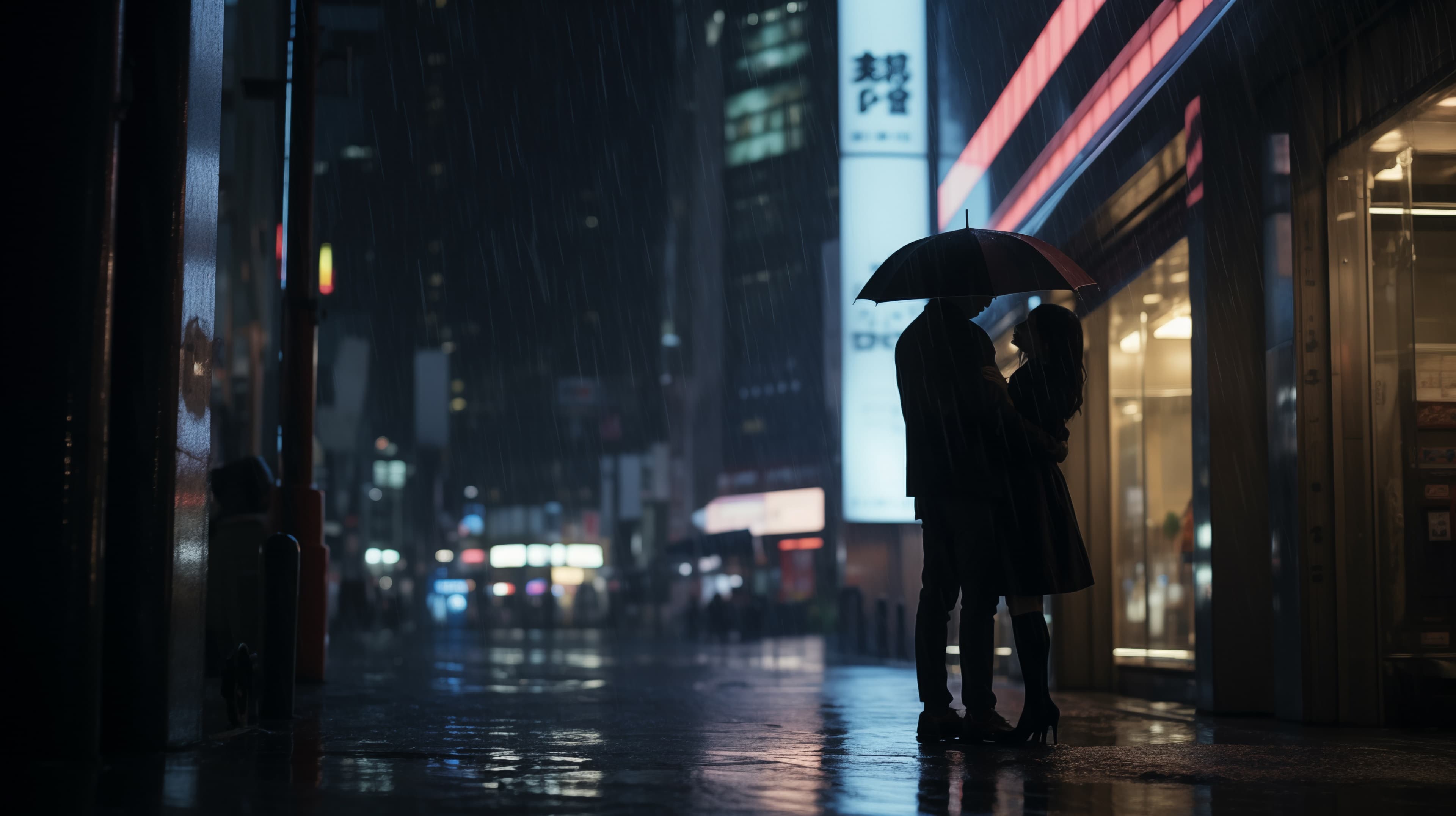 Rainy cyberpunk city street wallpaper