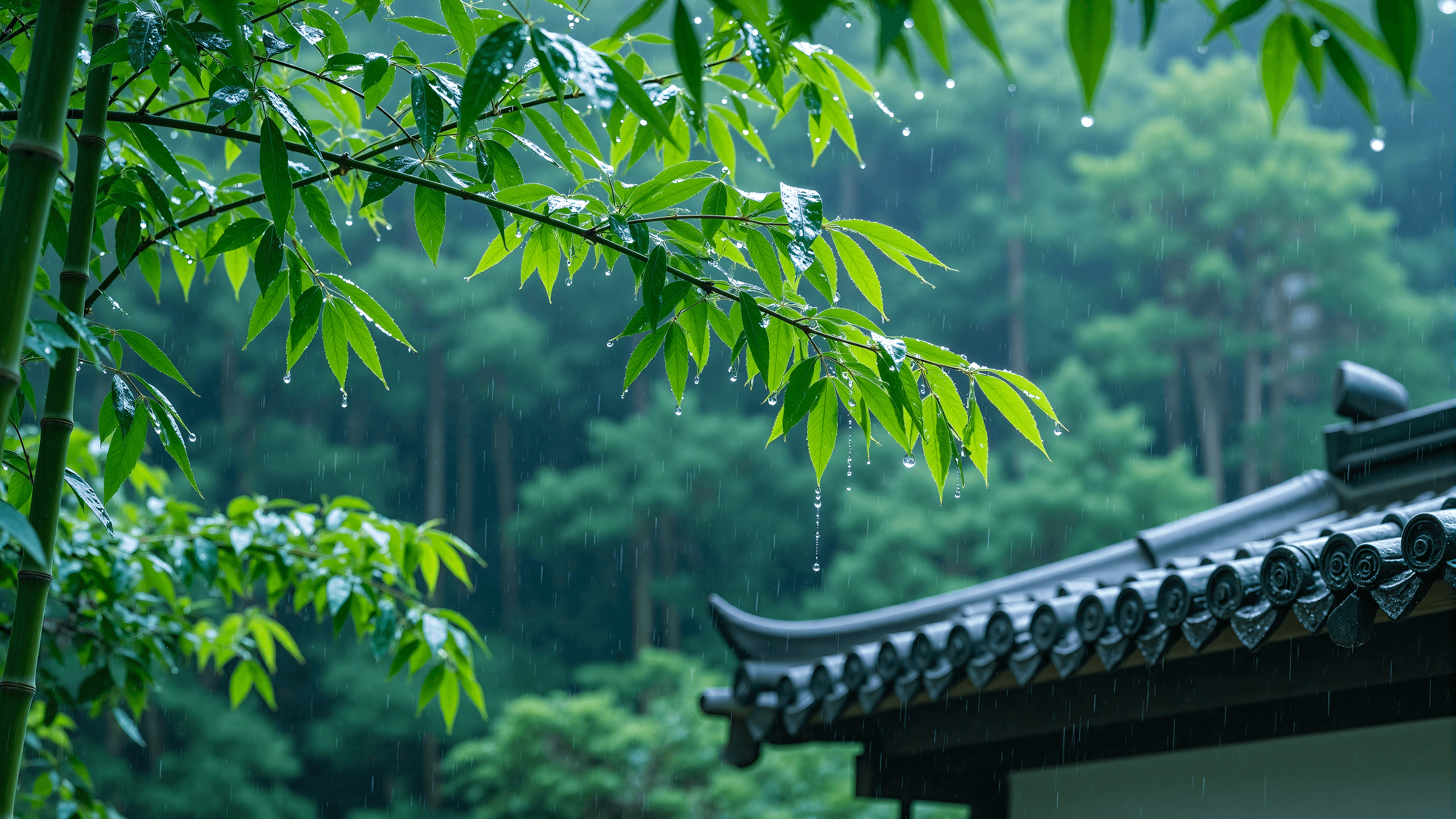Rainy natural scene with traditional building