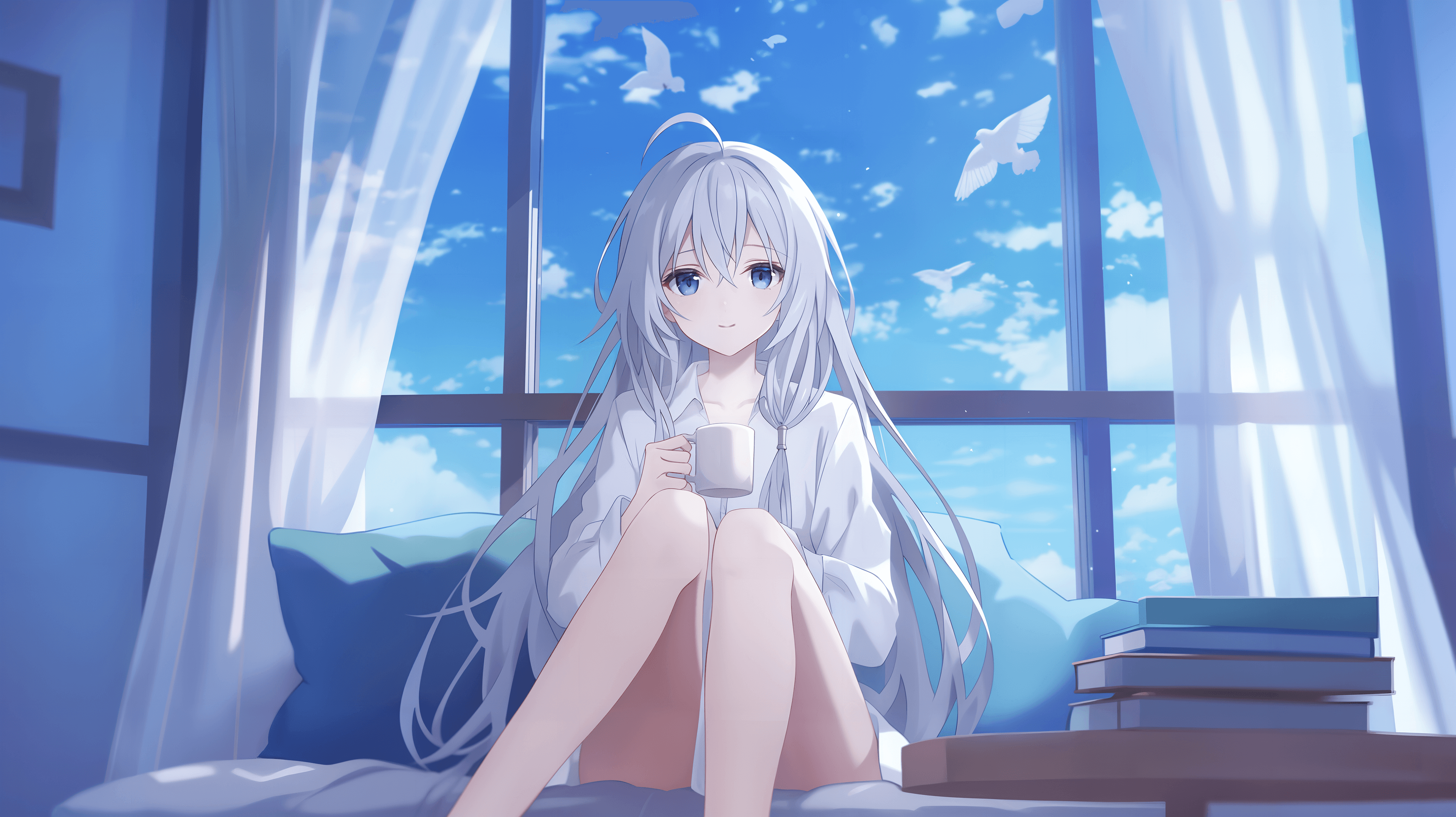 Serene anime girl daytime sky wallpaper