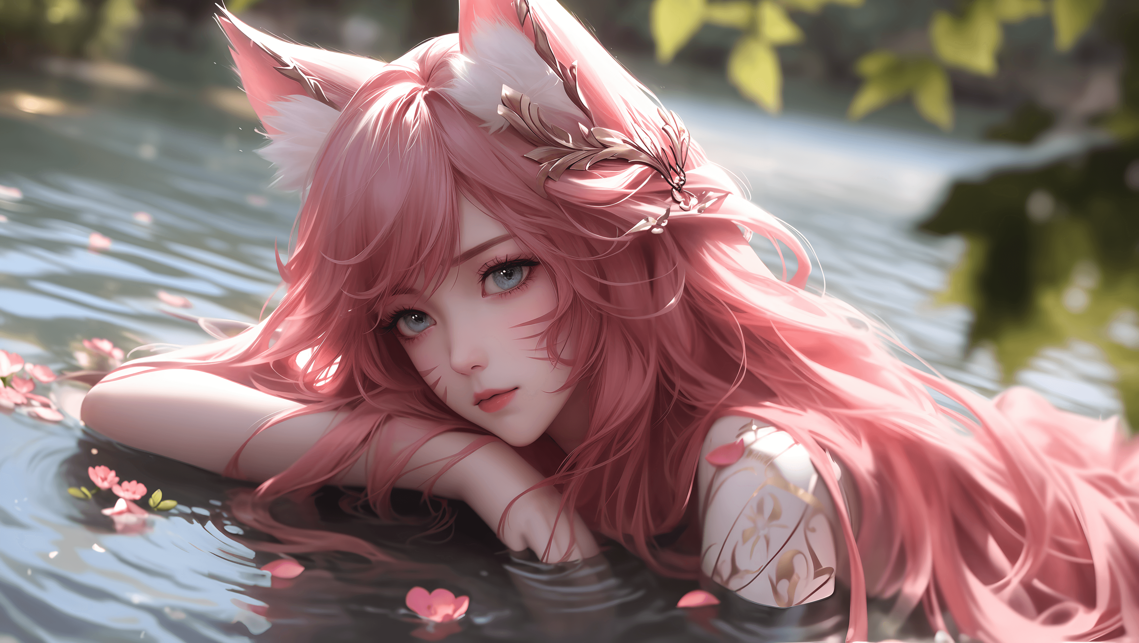 Serene fox ocean anime girl pink wallpaper
