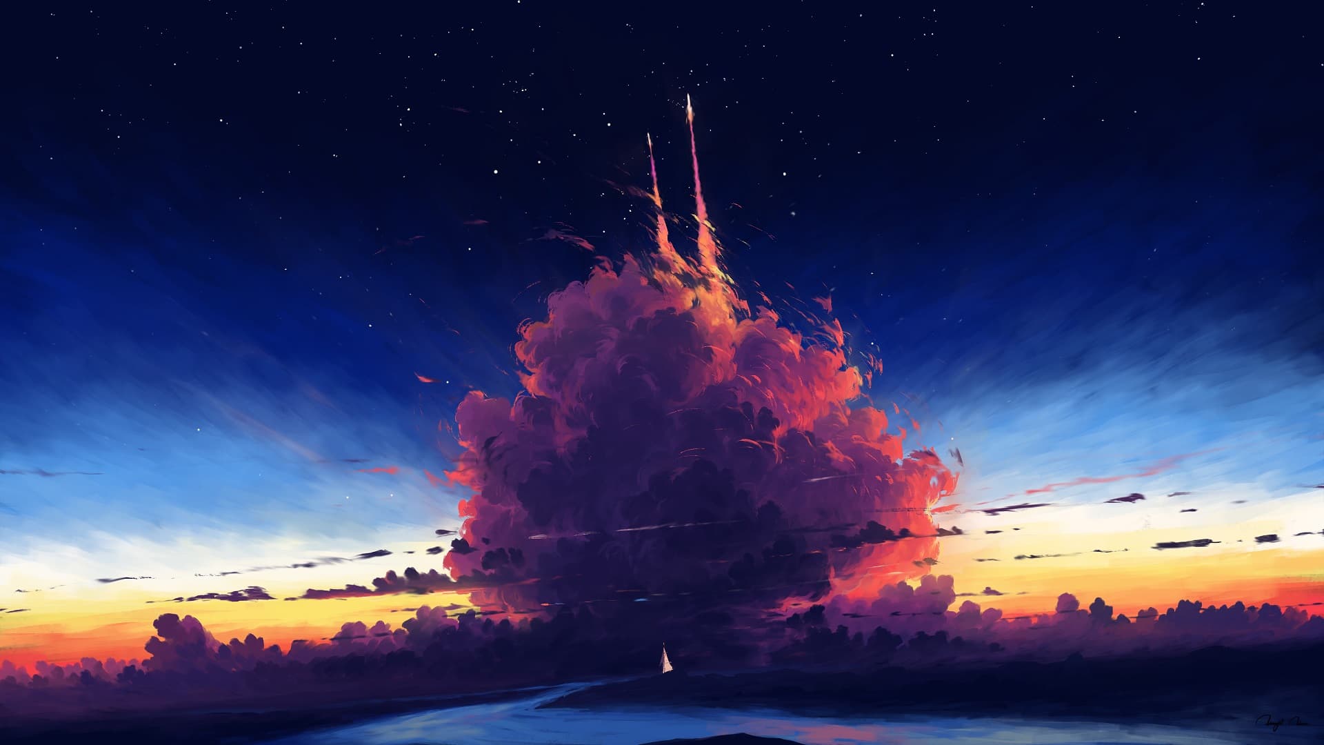 Spaceship navigating through the night sky wallpaper