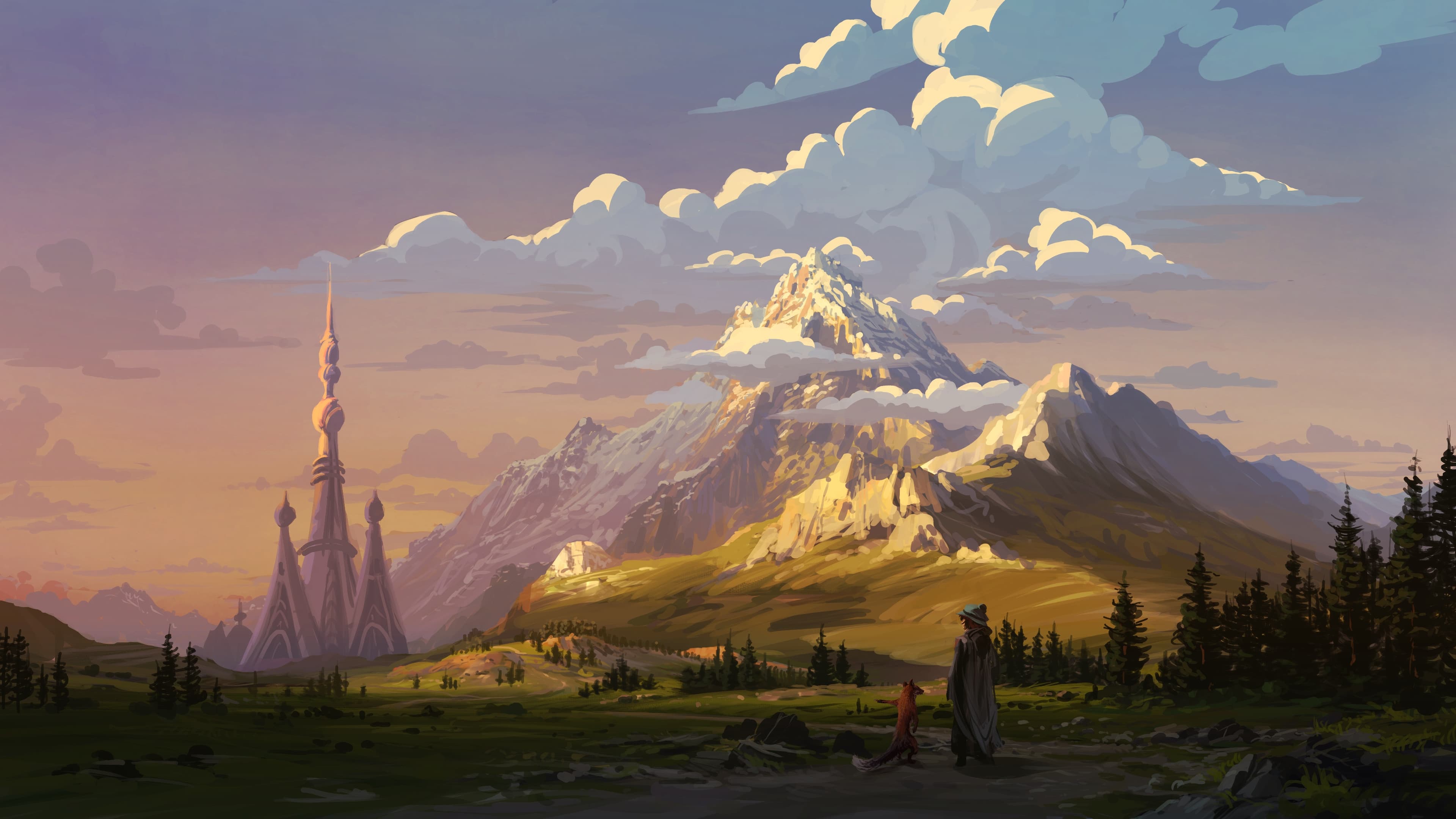 Mountain and tower wallpaper, 3840x2160 resolution