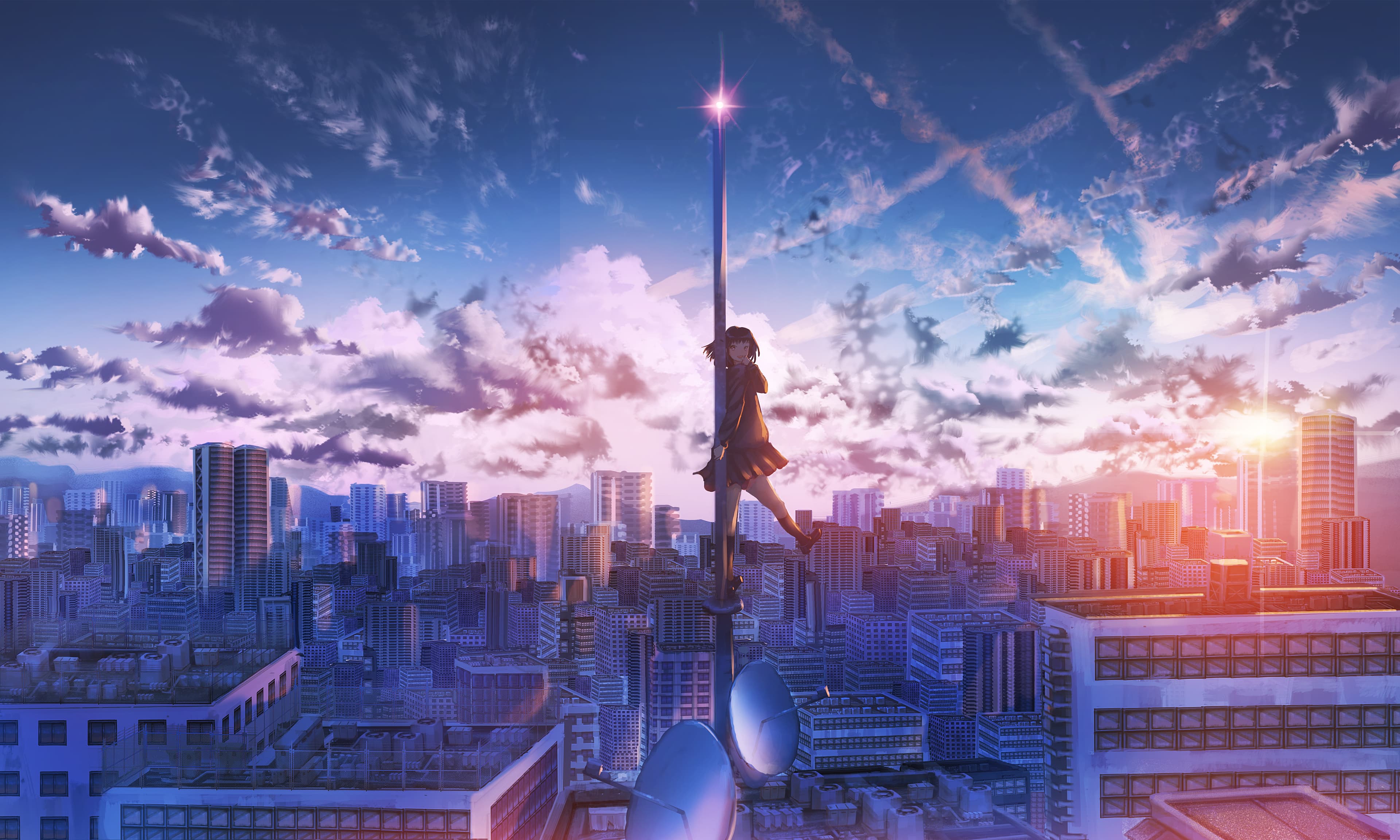 Makoto Shinkai style skyscraper wallpaper, 4K